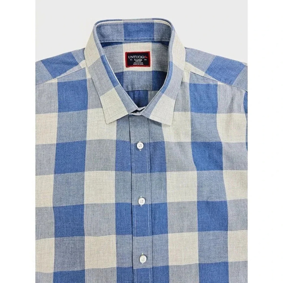 Untuckit Slim Fit Size XL Men's Gray Blue Large Check Long Sleeve Cotton Shirt - Picture 5 of 11